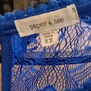 NWT FINAL PRICE paper+tee royal blue rounded neckline sheer/laced s/s blouse 3X